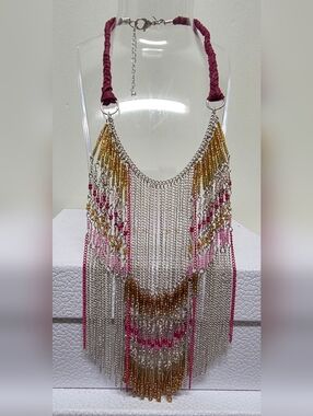EXPRESS Boho Multi-Chain Beaded Fringe (Bib) Necklace - Pink And Cream